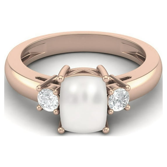 8X6 Cushion Shape Pearl Three Stone Ring in 925 Sterling Silver Rose Vermeil Dainty Engagement Promise Mother's Day Gift Ring for Women