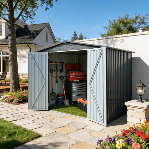 8X6 FT Outdoor Storage Shed, Waterproof Metal Garden Shed with Double Doors, for Tools, Lawn Equipment, Yard Storage