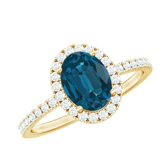 Rosec Jewels London Blue Topaz Oval Engagement Ring - Blue Topaz Diamond Ring - AAA Quality Certified - With Jewelry Box, 10K Yellow Gold, US 5.00