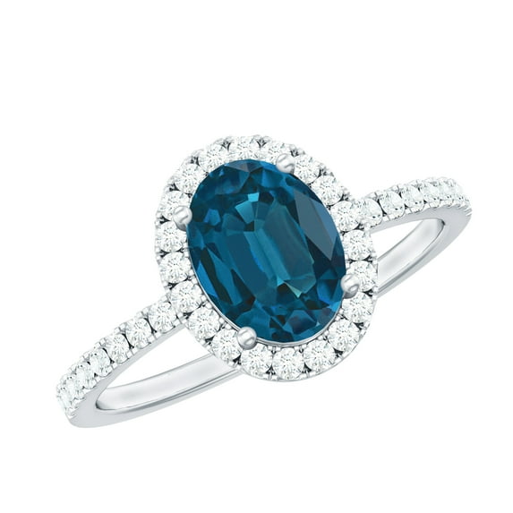 Rosec Jewels London Blue Topaz Oval Engagement Ring - Blue Topaz Diamond Ring - AAA Quality Certified - With Jewelry Box, 14K White Gold, US 11.00