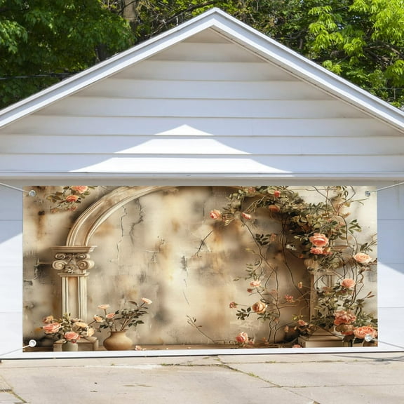 8X6 ft Arch Wedding Flower Garage Door Background Yellow Retro Romantic Floral Wall Backdrop for Bridal Shower Reception Ceremony Girls Birthday Party Indoor Outdoor Decor Banner Cover