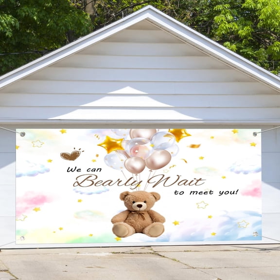 8X6 ft Blue We Can Bearly Wait Garage Door Decorations Background Boho Cute Bear Baby Shower Decorations Backdrop Lovely Cartoon Balloons Bear Baby Shower Party Decorations Banner Cover