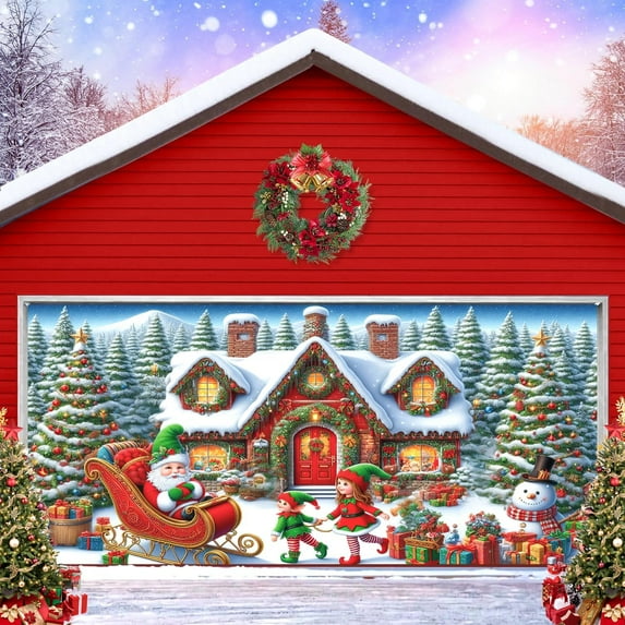 8X6 ft Christmas Garage Door Banner, Large Christmas Garage Decoration Backdrop Xmas House Santa Claus Snowman Gift Garage Door Cover Holiday Outdoor Banner Winter Backdrop Background
