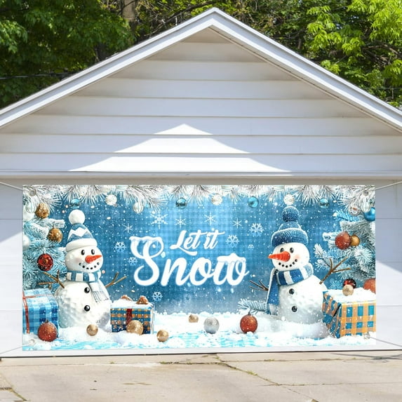 8X6 ft Christmas Garage Door Cover, Winter Snowman Garage Door Backdrop Let It Snow Photography Backdrop, Christmas Snowman Garage Background Blue Ice World Backdrop for Indoor Outdoor