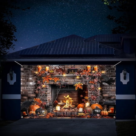 8X6 ft Halloween Fireplace Garage Door Decoration Background Photography Fall Fireplace Stone Brick Floor Skulls Hallowmas Wall Background Halloween Banner Cover
