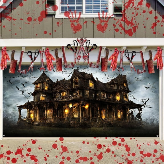 8X6 ft Happy Halloween Garage Door Decoration Background Bat Scary Castle Bat Party Backdrop Black Horror Night Graveyard Photo Photography Booth Decor Banner Cover