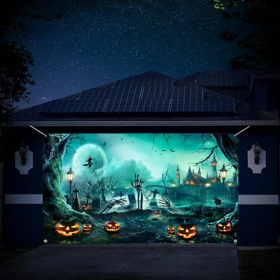 8X6 ft Happy Halloween Garage Door Decoration Background Horror Green Cemetery Backdrop Halloween Scary Grave Banner Full Moon Scary Night Castle Pumpkins Backdrops Creepy Party Decor Banner Cover