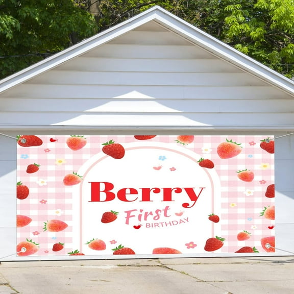 8X6 ft Pink Gingham Berry First Birthday Garage Door Decorations Background Berry Sweet Girls 1st Birthday Backdrop Cake Table Banner Strawberry First Birthday Party Indoor Outdoor Decor Banner Cover