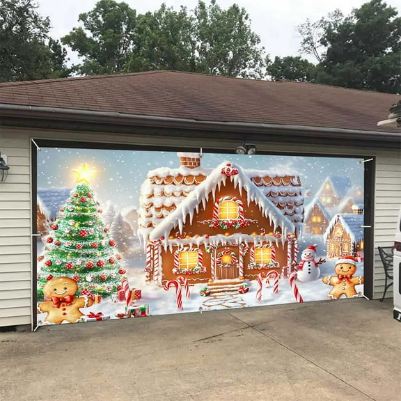 8X6FT Christmas Gingerbread House Garage Door Decorations Winter Snowflake Merry Xmas Tree Door Cover Garage Door Banner Photo Backdrop Background Outdoor Snowman Candy Party Yard Wall Decor