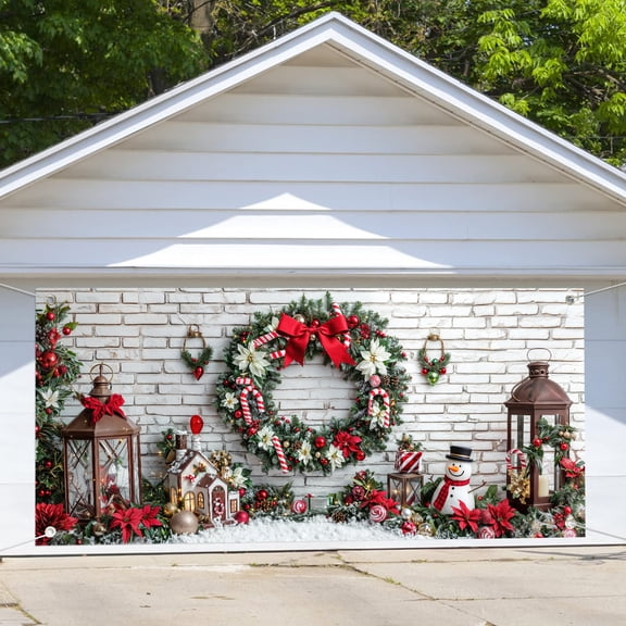 8X6FT Christmas Kids Garage Door Decorations Winter Xmas Tree Colorful Ball Candy Snow Door Cover Garage Door Banner for Outdoor Indoor White Brick Wall Party Photo Background Photography Backdrop