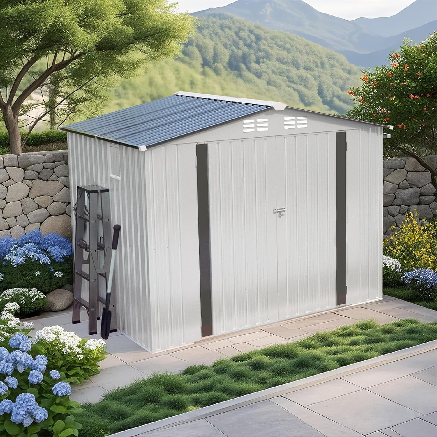 8X6FT Metal Storage Shed,Tool Shed with Peaked Roof, Outdoor Storage Shed with Clear Window and Lockable Door, Garden Shed for Garden, Backyard,Patio,Sundries