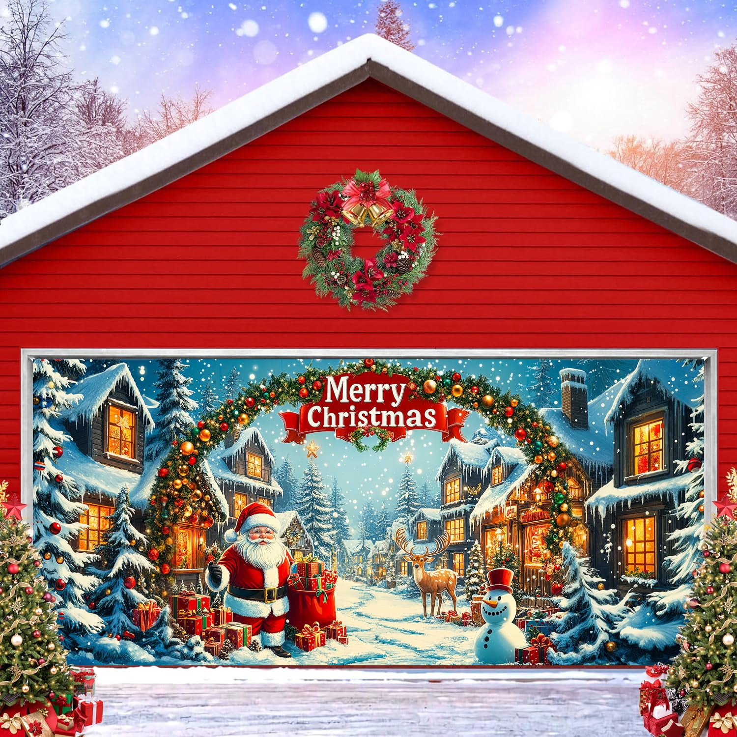 8X6ft Christmas Garage Door Backdrop Santa Reindeer Xmas Village Garage