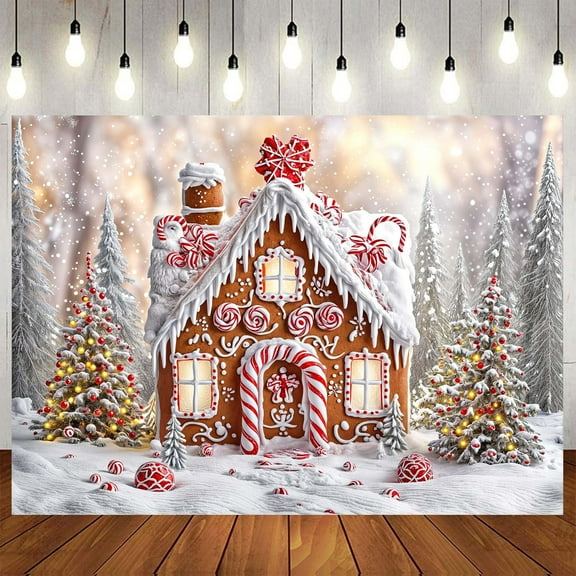 8X6ft Christmas Gingerbread House Backdrop Winter Snowflake Photo Backdrop Xmas Tree Gingerbread House Christmas New Year Holiday Photograph Decorations Candyland Themed Banner Photo Booth Props