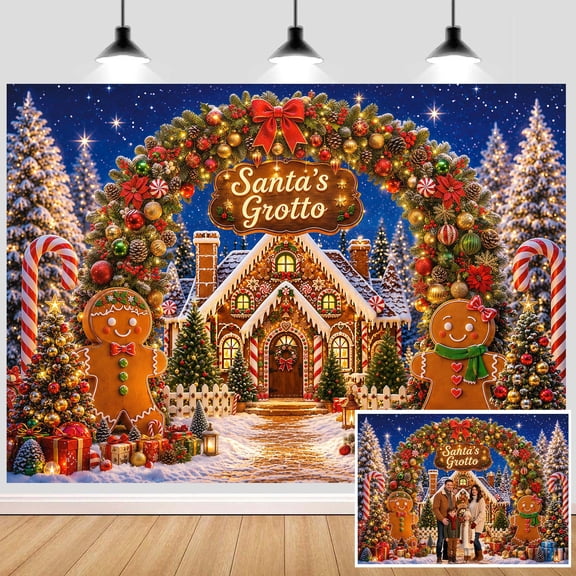 8X6ft Christmas Gingerbread House Photo Backdrop for Photography Banner Vinyl Santa's Grotto Snowy Xmas Trees Lights Gifts Winter Wonderland Backgrounds Holiday Party Family Studio Photo Booth Prop