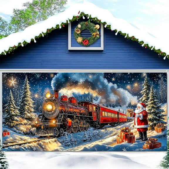 8X6ft Christmas Train Garage Door Background Snowy Winter Wonderland Santa Claus Photography Pictures Backdrop for Indoor Outdoor Xmas Holiday Party Favor Outdoor Wall Decor Banner