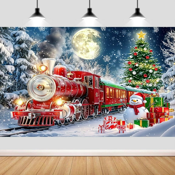 8X6ft Christmas Winter Forest backdrop, Winter Snow Forest Night Fairytale Red Green Santa Claus Train with Snowman Gifts Christmas Backdrop Background Holiday Party Photo Booth Studio Props,muti2