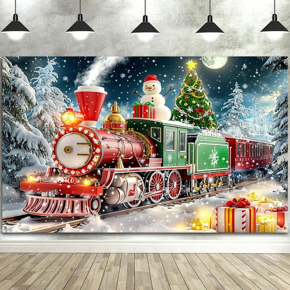 8X6ft Christmas Winter Forest backdrop, Winter Snow Forest Night Fairytale Red Green Santa Claus Train with Snowman Gifts Christmas Backdrop Background Holiday Party Photo Booth Studio Props