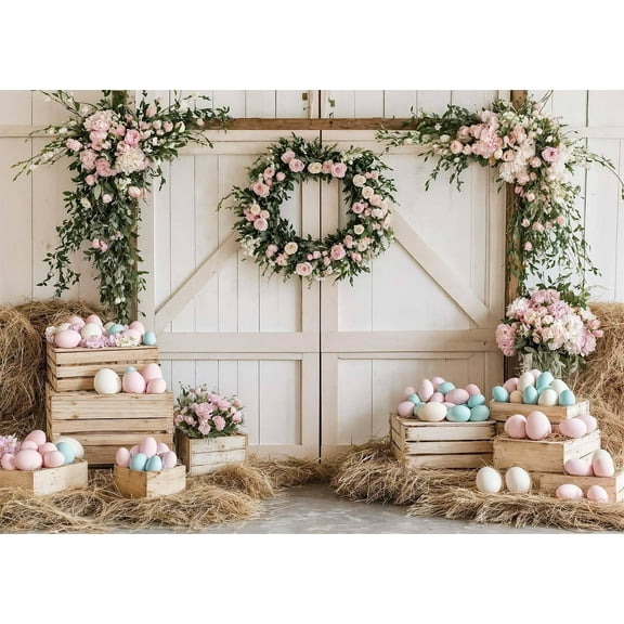 8X6ft Easter Backdrop Pink Flower Rabbit Eggs Barn Haystack Farmhouse Photo Background Country Rustic Wall Colorful Eggs Decor Photography Background Kids Children Birthday Banner