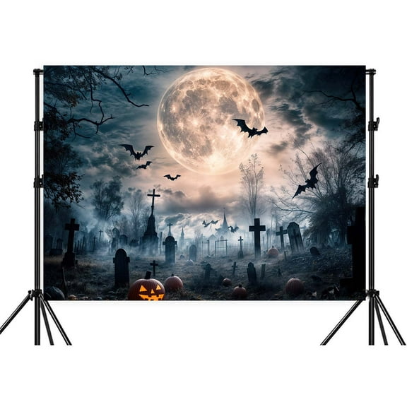8X6ft Halloween Backdrop Full Moon Night Flying Bat Cemetery Pumpkin Gothic Happy Themed Party Misty Graveyard Grave Stone Cross Dark Forest Photo Background Banner Photo Studio Props