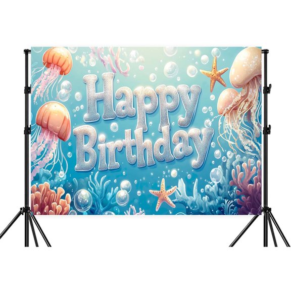 8X6ft Happy Birthday Backdrop, Summer Under the Sea Backdrop & Ocean Birthday Backdrop Banner, With Coral/Shell Elements Premium Fabric for Themed Parties, Family Gatherings Photography Background