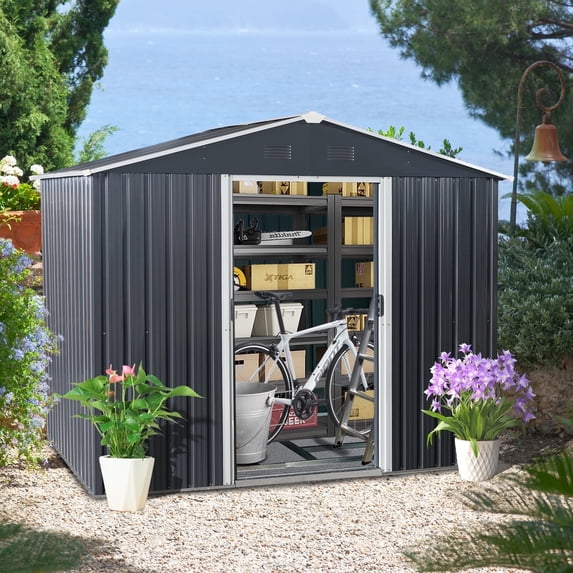 CarButler 8x6ft Metal Outdoor Storage Shed with Lockable Sliding Doors for Garden Backyard Patio Lawn Black
