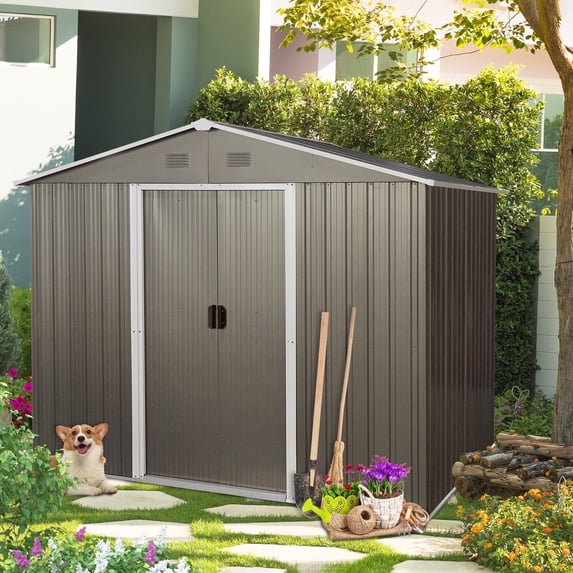 CarButler 8x6ft Metal Outdoor Storage Shed with Lockable Sliding Doors for Garden Backyard Patio Lawn Gray