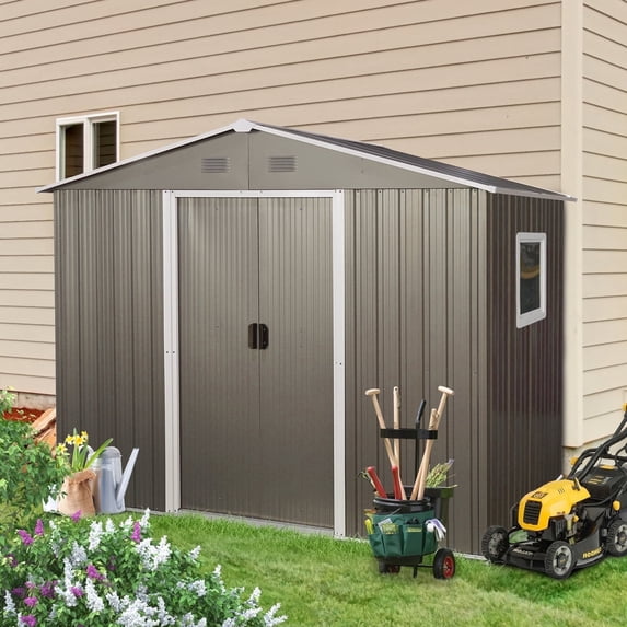 CarButler 8x6ft Metal Outdoor Storage Shed with Window and Lockable Sliding Doors for Garden Backyard Patio Lawn Gray