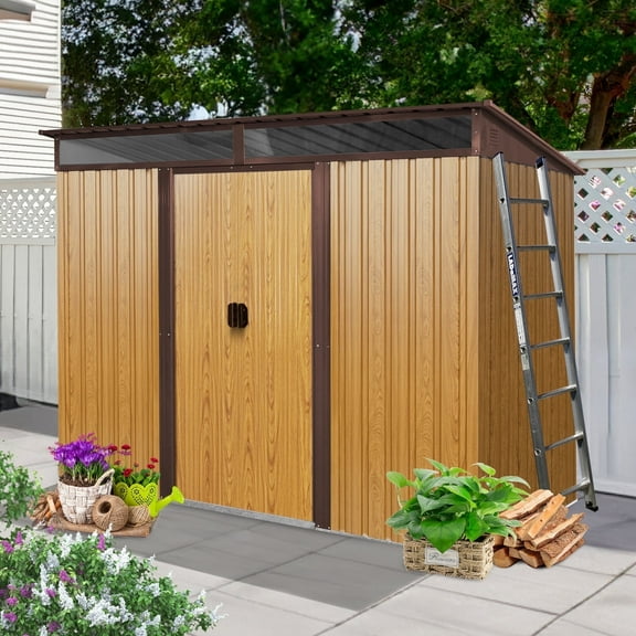 CarButler 8x6ft Metal Outdoor Storage Shed with Transparent plate and Lockable Sliding Doors for Garden Backyard Patio Coffee