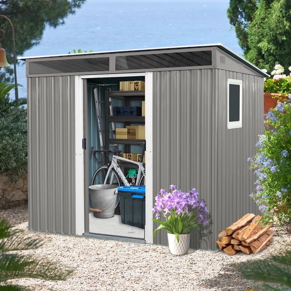 CarButler 8x6ft Metal Outdoor Storage Shed with Window and Transparent Plate,Lockable Sliding Doors for Garden Backyard Patio Gray