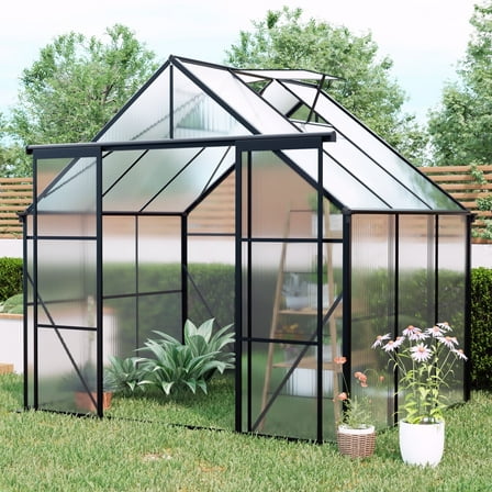 CarButler 8x6ft Polycarbonate Greenhouse Heavy Duty Walk-in Garden House with Sliding Double Door and Vent for Outdoor Garden Backyard Black