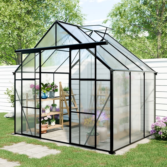 CarButler 8x6ft Polycarbonate Greenhouse Heavy Duty Walk-in Garden House with Sliding Double Door and Vent for Outdoor Garden Backyard Black