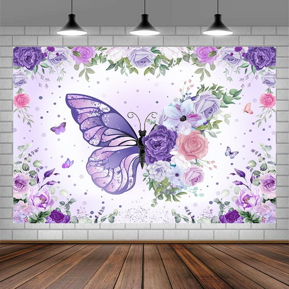 8X6ft Purple Butterfly Birthday Backdrop for Girl's Flower Leaves Floral Pastel Butterflies Birthday Background Pink Princess Gold Rose Butterfly Cake Table Party Decorations Banner Photo Booth Studio