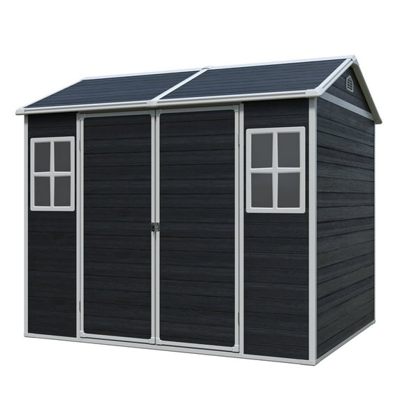 CarButler 8x6ft Resin Outdoor Storage Shed Heavy Duty Waterproof Shed with Floor,2 Windows and Lockable Doors for Garden Patio Backyard Black