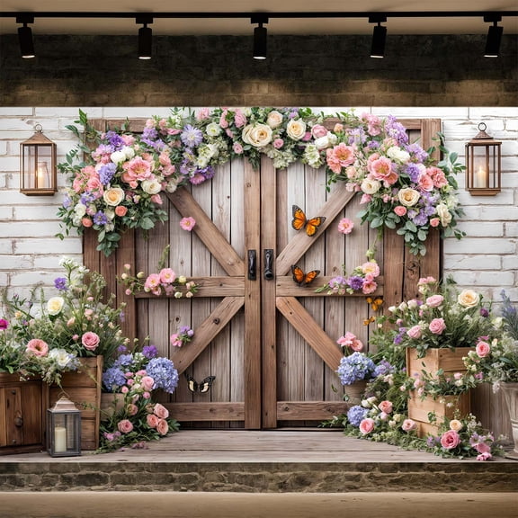 8X6ft Wedding Rustic Barn Door Photography Backdrop Vintage Wood Board Pink Purple Rose Flowers Bridal Anniversary Party Photo Shoot Decor Props