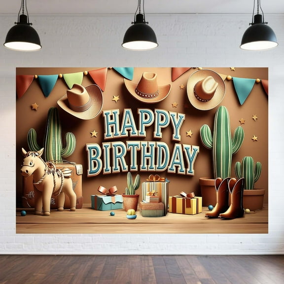 8X6ft Western Cowboy Happy Birthday Banner Backdrop Brown Wild West Rodeo Cowboy Birthday Rustic Boots Hat Cactus Horse Rope Photo Background Photo Booth Props