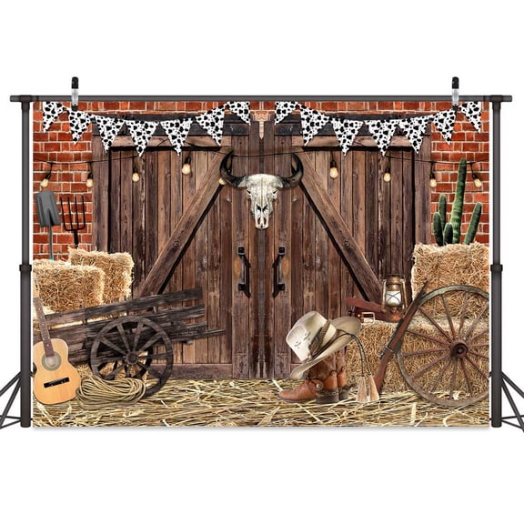 8X6ft Western Cowboy Party Backdrop Vintage Wild West Rustic Wooden House Barn Door Photography Background Cowboy Theme Party Decorations Banner Adults Kid Birthday Party