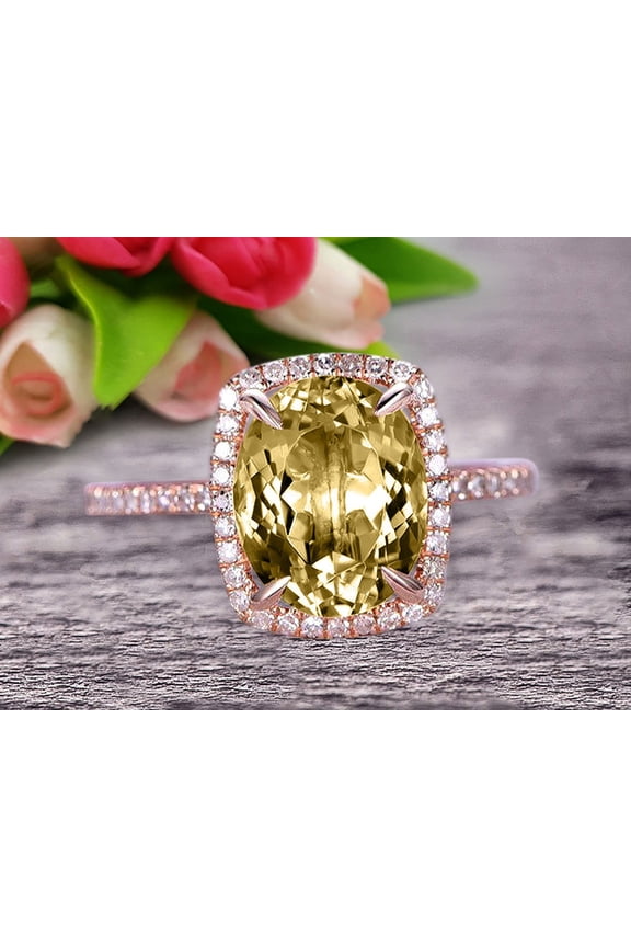 8X6mm Oval Cut 2 Carat Big Champagne Diamond Moissanite Engagement Ring Wedding Ring In 10K Rose Gold Halo Design Art Deco Personalized For Brides