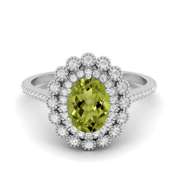 8X6mm Oval Peridot 925 Sterling Silver Solitaire Halo Floral Engagement Women Valentines Day Gifts Ring