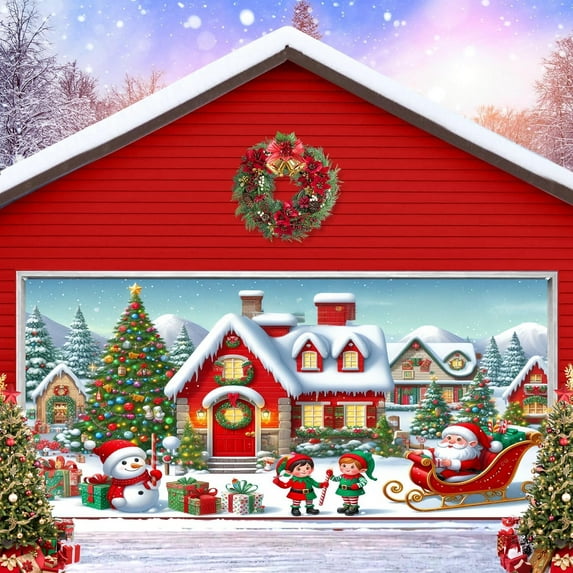 8X7 ft Christmas Garage Door Banner, Large Christmas Garage Decoration Backdrop Xmas House Santa Claus Snowman Gift Garage Door Cover Holiday Outdoor Banner Winter Backdrop Background