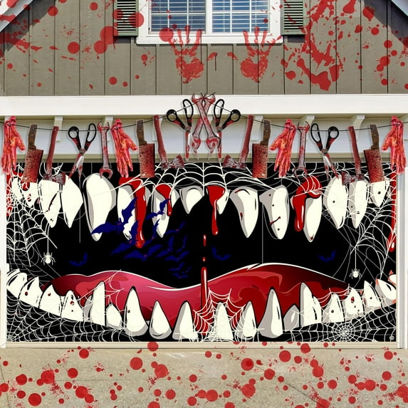 8X7 ft Happy Halloween Photography Garage Door Decoration Background Funny Horror Monster Face Backdrop Child Kids Cool Halloween Theme Party Decor Banner Cover