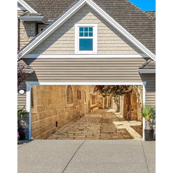 8X7 ft Jerusalem Old Narrow Street Garage Door Background Ancient Stone Wall Pink Flowers Sunshine Vintage Warmth Backdrop Party Living Room College Dorm Decor Party Indoor Outdoor Banner Cover