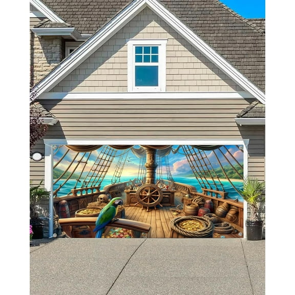 8X7 ft Vintage Pirate Ship Garage Door Decoration Background Parrot Nautical Adventure Sea Ocean Sailing Ship Theme Photography Backdrop for Kids Boys Men Birthday Party Banner Cover