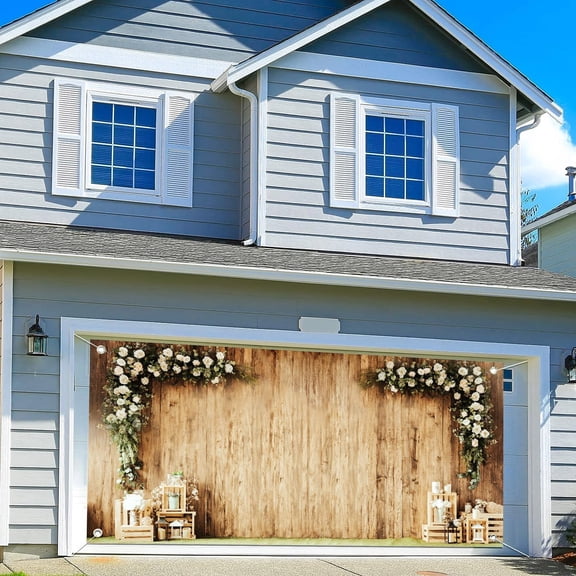 8X7 ft Wedding Wood Wall Rustic Floral Garage Door Background Decoration Bride Shower Reception Ceremony Photography Backdrop Wedding Party Decoration Intdoor Outdoor Decor Banner Cover Banner