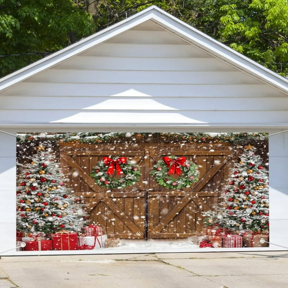 8X7 ft Winter Christmas Garage Door Decoration Background Christmas Rustic Barn Wood Door Xmas Tree Snowflake Gifts Decoration Backdrop Celebrate Christmas Holiday Party Decor Banner Cover