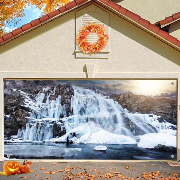 8X7 ft Winter Mountain Lake Garage Door Background Park Photography Winter Nature Backdrop Outdoor hiking camping Picnic Home Decor Party Indoor Outdoor Decor Banner Cover