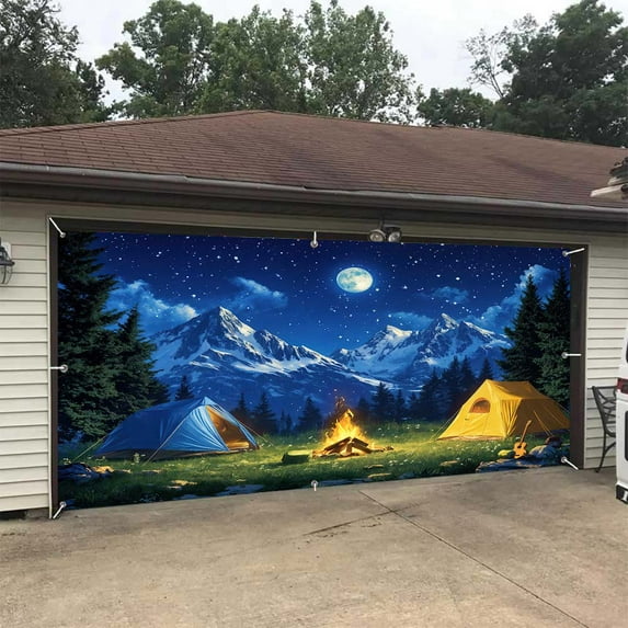 8X7FT Camping Garage Door Decorations Nature Forest Scene Tent Mountain Campfire Door Cover Garage Door Banner Camper Photo Backdrop Adventure Travel Trailers Background Outdoor Party Decorations