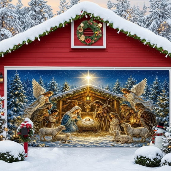 8X7ft Christmas Nativity Garage Door Cover Banner Decorations Backgrounds Blue Nativity Holy Night Manger Birth of Jesus Scene Hanging Backdrop Religious Church Events Xmas Outdoor Party Supplies