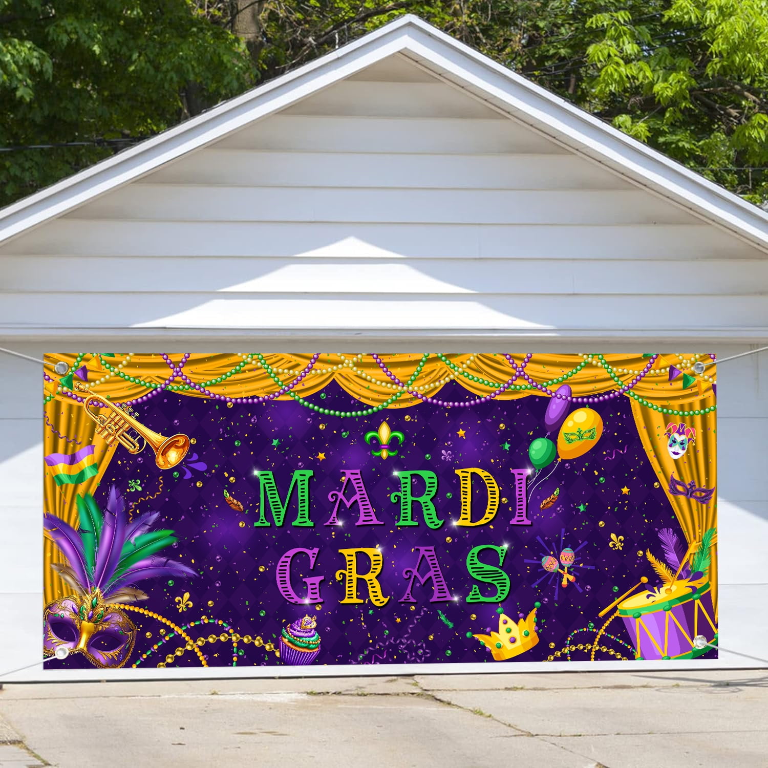 8x7ft Mardi Gras Garage Door Decorations Cover, Purple Green Gold Masquerade Carnival Party Garage Door Backdrops Banner Decors, Mask Dancing Dress-Up