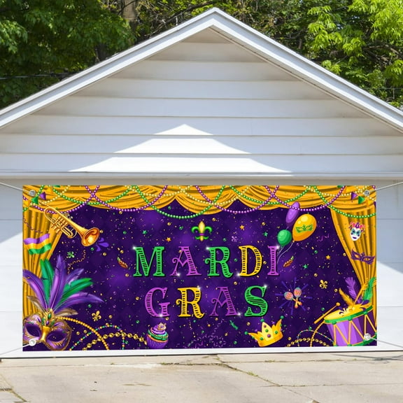 8X7ft Mardi Gras Garage Door Decorations Cover, Purple Green Gold Masquerade Carnival Party Garage Door Backdrops Banner Decors, Mask Dancing Dress-Up Prom Party Photography Background