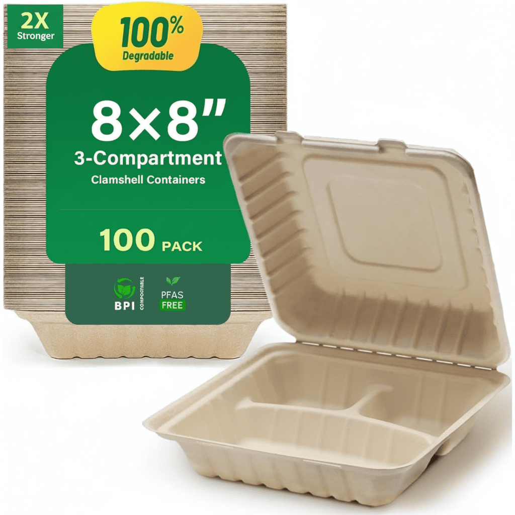 [8X8", 100-Pack] Compostable Clamshell Food Containers for Takeout ...